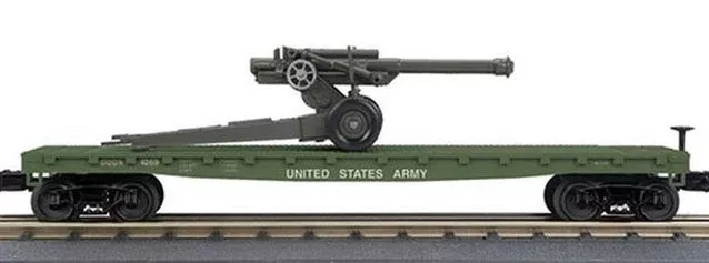 MTH RailKing 30-7099 O Gauge Flatcar with 105mm Howitzer Load Single